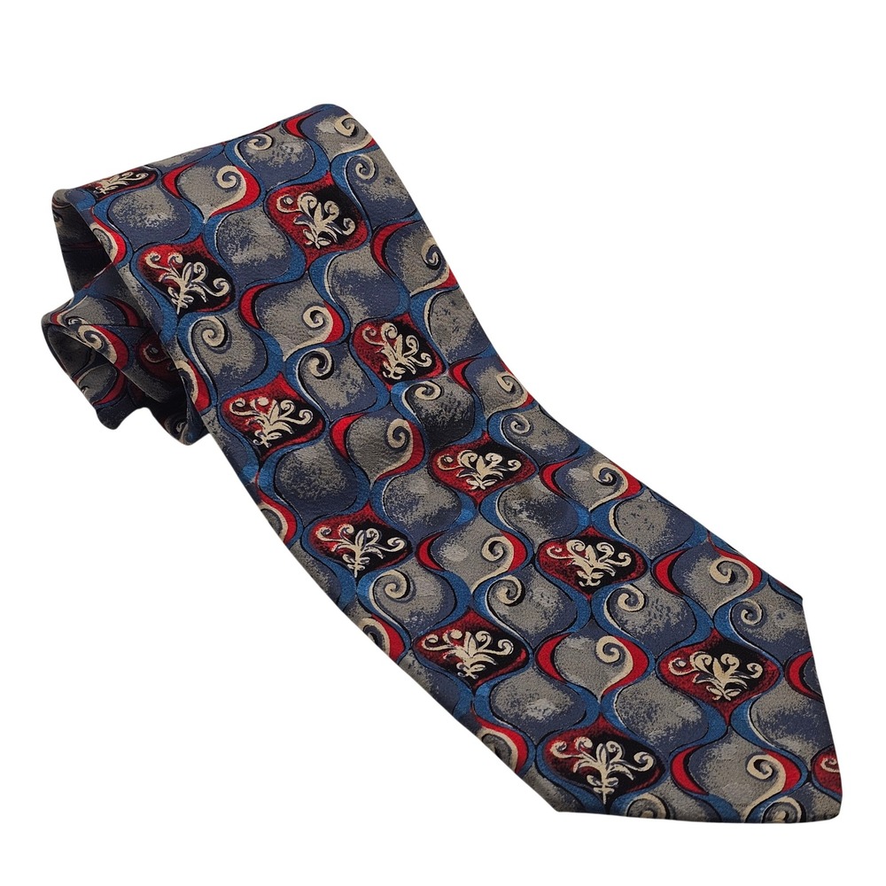 Brioni Silk Tie Blue Grey Red Abstract Scroll Italian Luxury Designer Business
